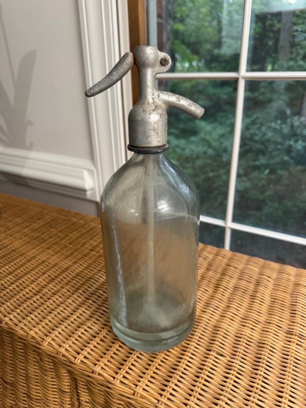 Vintage Clear Glass Seltzer Bottle with Metal Siphon Top